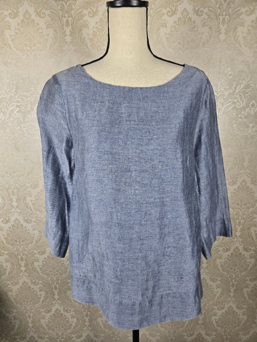 Anthropologie Nuthatch Sz Medium Blue Linen Blouse Boatneck 3/4 Sleeves Pockets